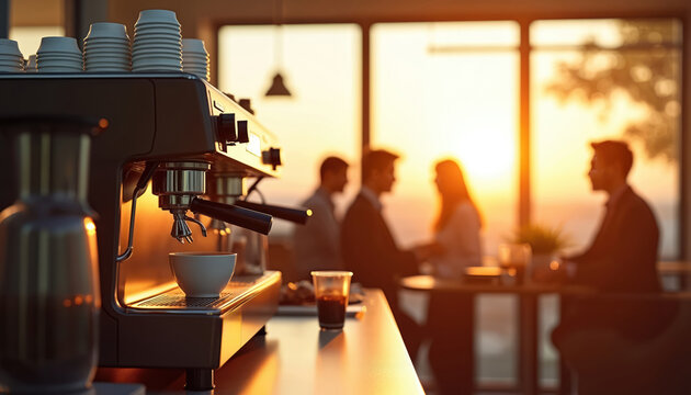 Modern office coffee machine with stacked cups, preparing espresso. Co-workers chat in soft sunset light near large window. Creates warm atmosphere for break time discussions and teamwork.