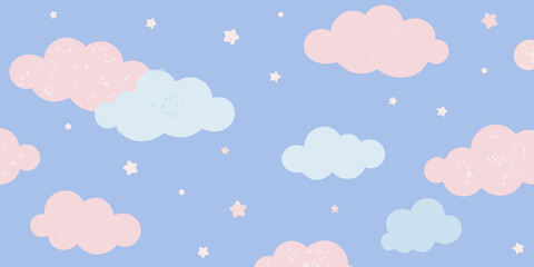 A seamless vector pattern with fluffy pink clouds and delicate flowers against a summer sky