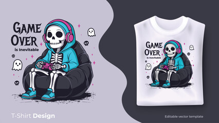 Skeleton sitting in a beanbag chair,  Wearing headphones and hoodie. Perfect for kawaii dark gamer t-shirts.