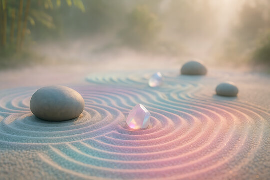 Zen garden with smooth stones and crystal prisms on soft sand, pastel rainbow light refractions, tranquil meditation scene, Japanese rock garden with rippled sand patterns, peaceful nature wellness ba