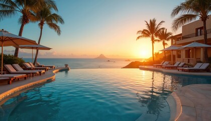 Luxury infinity pool at sunset in Cabo San Lucas, Mexico. Oceanfront resort with palm trees, lounge chairs, umbrellas, and calm water. Golden hour twilight creates serene, relaxing vacation paradise.