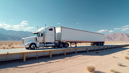 Large white semi-truck, trailer positioned on weighbridge for cargo assessment. Commercial transport vehicle on logistics weighing procedure in arid desert landscape under clear blue sky, emphasizing
