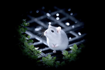A small white mouse in a manhole.