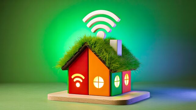 Smart eco friendly house with wifi signal and green grass roof - Powered by Adobe