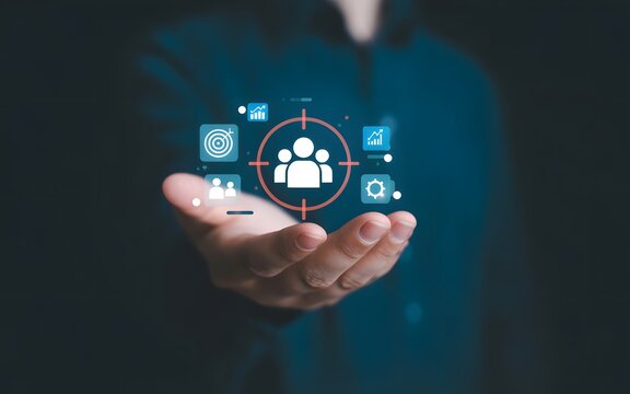 Customer Centricity: The focal point of customer service, where a person holds a glowing graphic of targeted people. Embracing a customer-focused ethos for success.