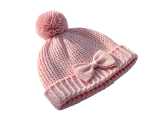 baby girl pink knitted hat with pom pom and bow winter warm