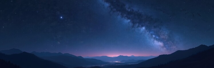 Fototapeta premium Starry night sky over mountain ranges and a distant town. The Milky Way galaxy is visible with countless stars scattered across the deep blue expanse. Distant city lights glow faintly on the horizon.