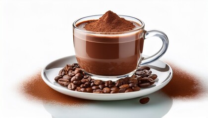 Fototapeta premium png hot chocolate in glass mug with coffee beans on plate