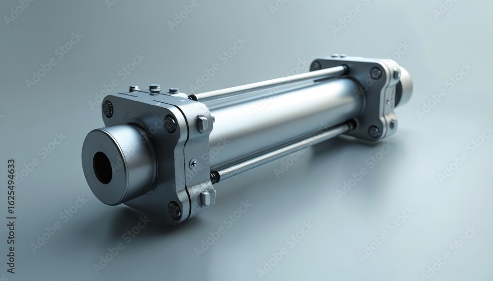Poster metallic hydraulic cylinder component. modern engineering precise metalwork for industrial applicati