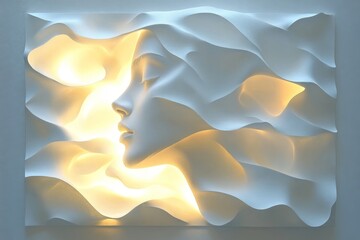 Fototapeta premium A woman's face is shown in a white frame with a light shining on it. Concept of serenity and calmness, as the woman's face is the only thing that is illuminated