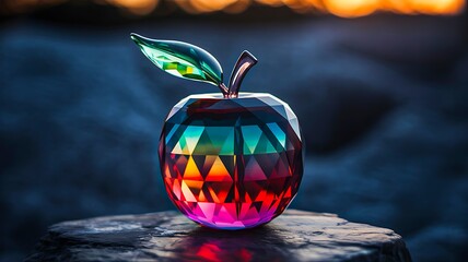 Shiny rainbow crystal apple with green leaf on stone base

