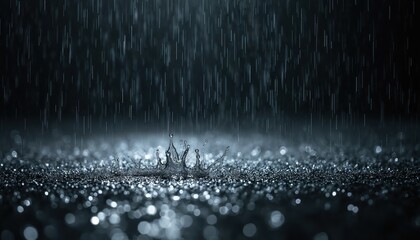 Macro photography captures rain drops hitting dark, textured surface, creating ripples, splashes. Vertical streaks of falling rain fill background. Monochrome scene emphasizes water dynamic movement,