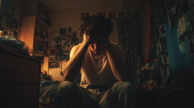 Man sitting in a dark room holding his head in his hands.