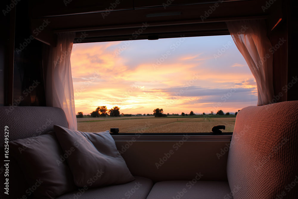 Poster cozy interior of camper van with sunset view over open fields creating a serene atmosphere