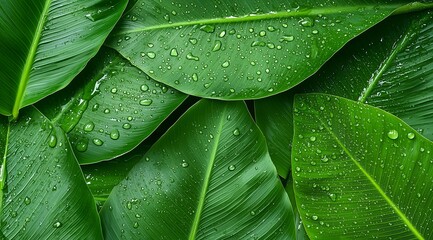 Fototapeta premium Green tropical banana leaves with dewdrops