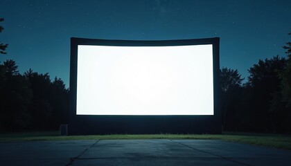 Drive-in cinema screen awaits under starry night sky, offering nostalgic outdoor movie experience. Blank screen ready for film. Ample space for gathering, creating memories. Classic summer