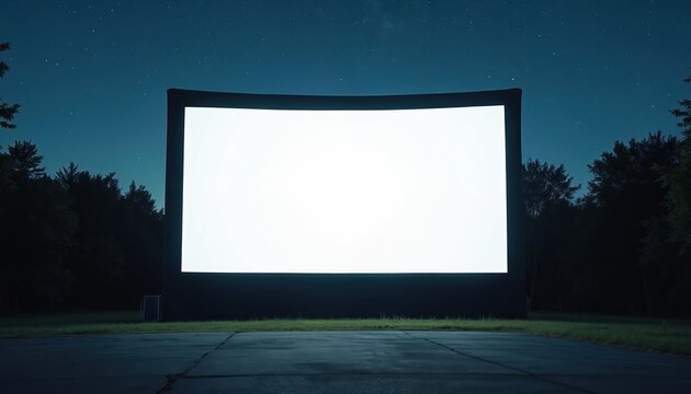 Drive-in cinema screen awaits under starry night sky, offering nostalgic outdoor movie experience. Blank screen ready for film. Ample space for gathering, creating memories. Classic summer