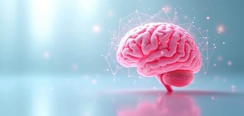 Pink human brain with digital wireframe overlay. Illustrates neuroscience, artificial intelligence, mental health, medical research. Features connections, concepts, and thought processes.