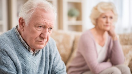 A senior couple sit on a sofa in the living room having a serious conversation.
