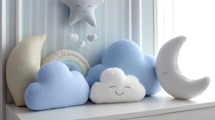 Plush cloud moon pillows dreamy nursery layout pastel blues and creams whimsical kids room styling soft cotton texture