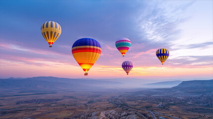 Colorful hot air balloons soaring above a breathtaking landscape during a vibrant sunset