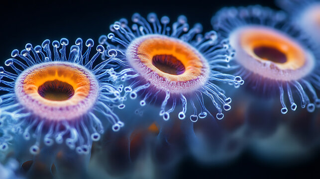 Microscopic Underwater Wonders Vibrant Orange and Blue Hydrozoans