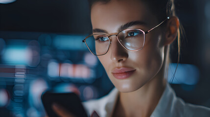 Focused businesswoman using smartphone and working with holographic interface in office at night