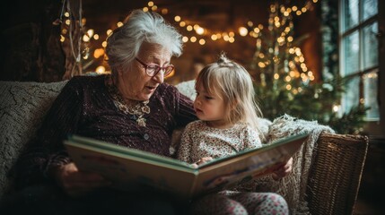 A cozy moment of a grandmother reading a storybook to her granddaughter showing love and continuity