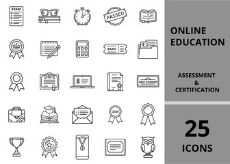 Set of simple icons in flat style for online education assessment and certification  