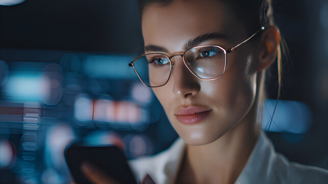 Focused businesswoman using smartphone and working with holographic interface in office at night