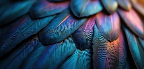Macro view of raven feathers displaying glossy black with iridescent shades of blue, purple. Detailed feather texture catches sunlight, creating vibrant, striking colors. Natural avian beauty,