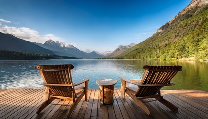 lakeside relaxation a serene view from a wooden porch with chairs overlooking a tranquil lake and majestic mountains