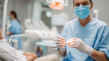 Close-up of a male dentist in a surgical mask holding a dental tool with the patient and assistant blurred in the background of a modern clinic.