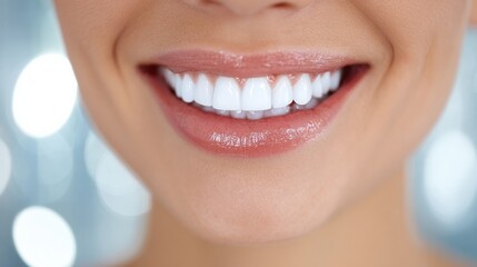 Fototapeta premium Close-up of female smile with white teeth on soft light background.