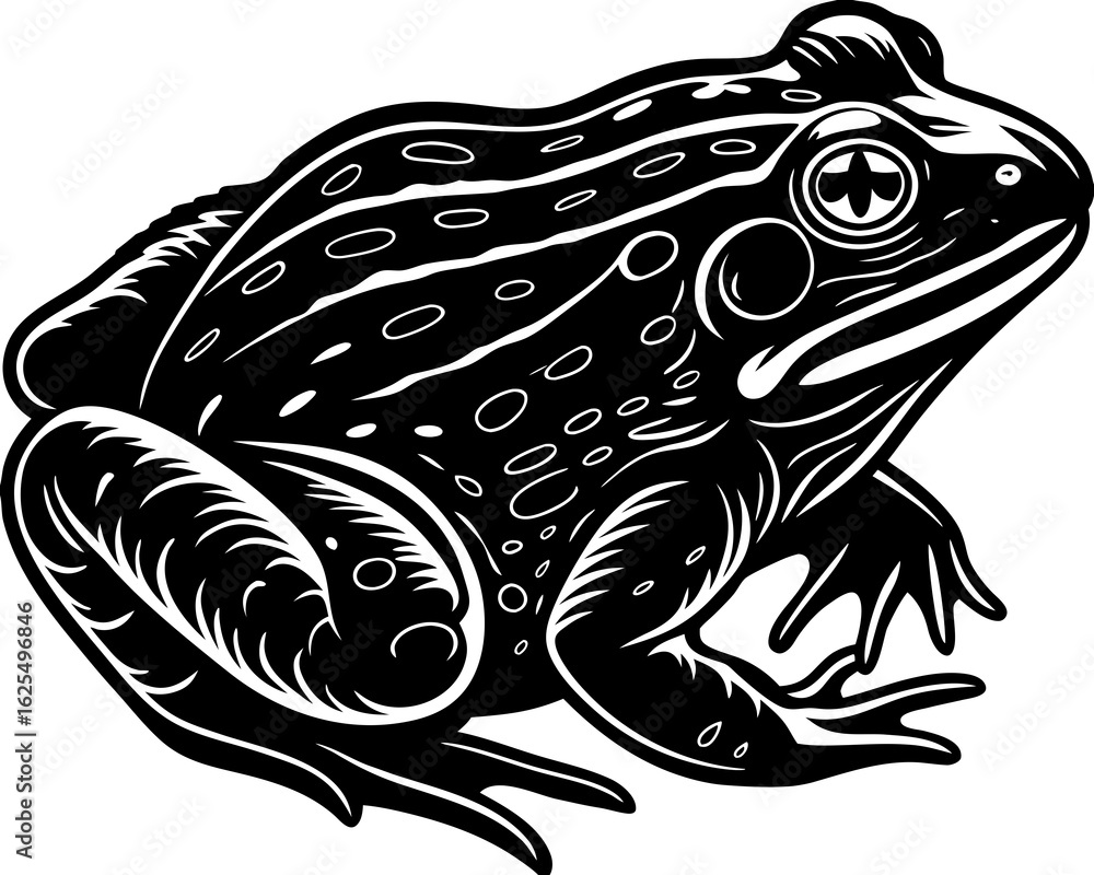 Poster detailed black and white illustration of a frog with distinctive markings and a watchful expression 