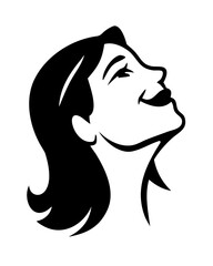 Silhouette of a woman looking up with a smile and flowing hair in black and white vector illustration created with generated ai