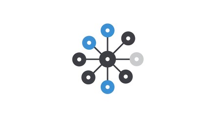 Minimalist Network Icon: Central Node Connecting Blue, Gray, and Black Circles on White