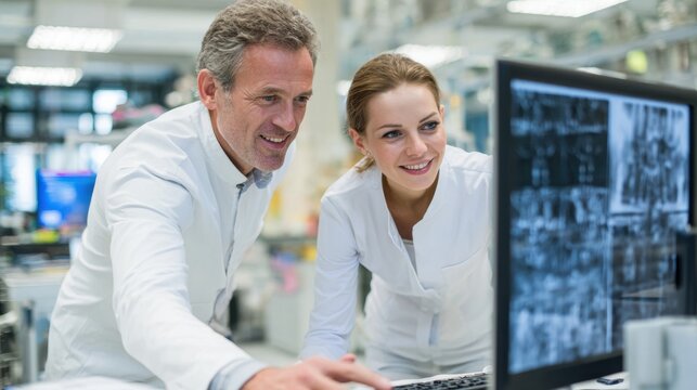 Male and female scientists analyzing medical scans on a computer monitor. - Powered by Adobe