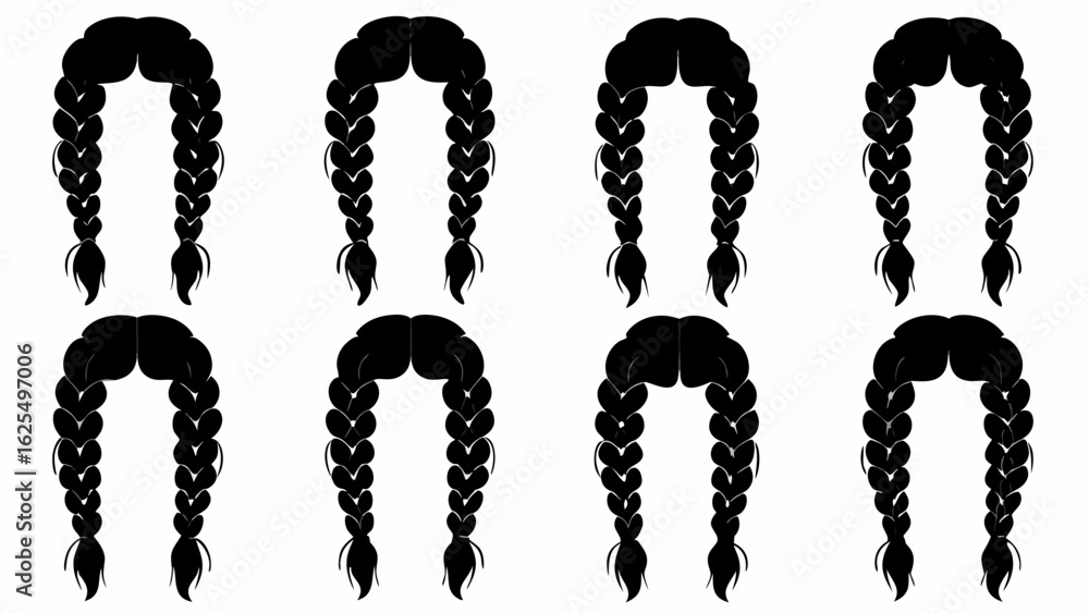 Poster eight black braid hair styles arranged in two rows on a white background showing different braid sty