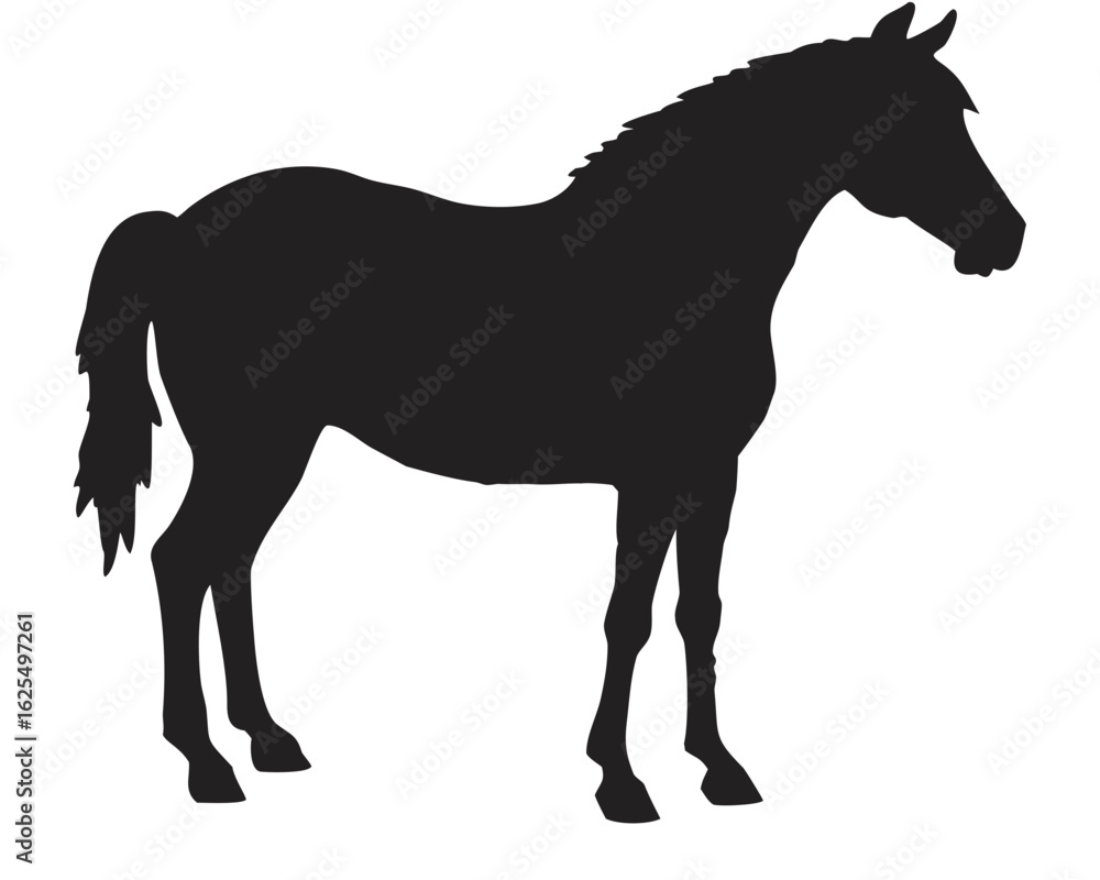Poster silhouette of a horse standing in profile with a short tail and a thick mane and a solid black color