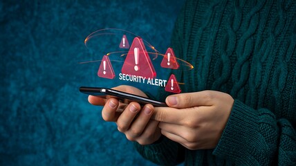 Cybersecurity alert with red warning signs over mobile phone

