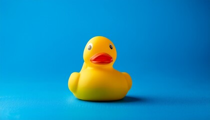 a vibrant yellow rubber duck sits alone against a solid blue background