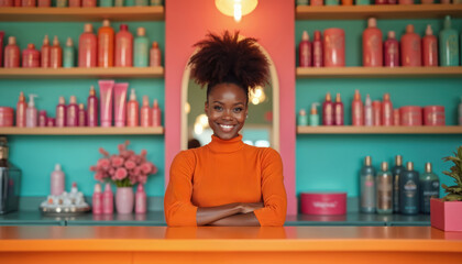 Confident African American woman entrepreneur smiles in vibrant hair salon. Shelves display colorful haircare products. Represents small business ownership success, beauty retail, and pro service.
