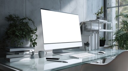 Mockup of modern computer monitor with white screen on glass desk, AI-generative