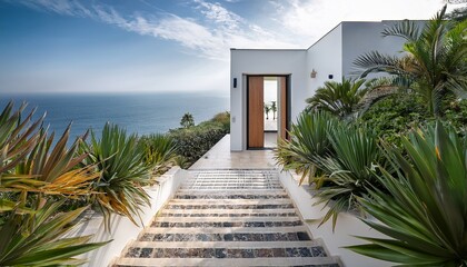 coastal villa entrance with marble steps and ocean view tropical plants add natural beauty minimalist architecture warm and inviting