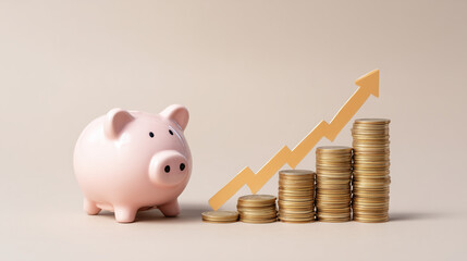 Piggy bank beside stacked coins with upward trend graph representing financial growth concept