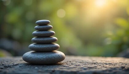 Obraz premium Serene Stone Cairn: Balanced Pebbles in Soft Sunlight, Nature's Harmony