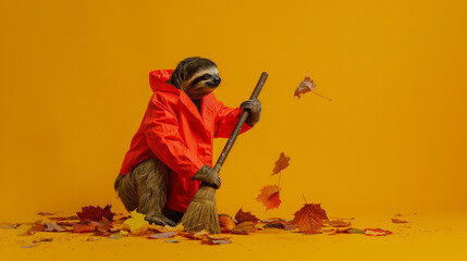 Funny sloth in red coat sweeping autumn leaves with broom on yellow background, surreal seasonal humor concept. Perfect for advertising, branding, fall campaigns and creative storytelling.