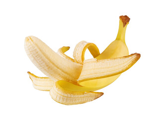 Beautifully retouched ripe half peeled banana isolated on white