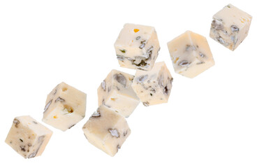 Blue cheese cubes fly through space forming a chain shape. Isolated on white